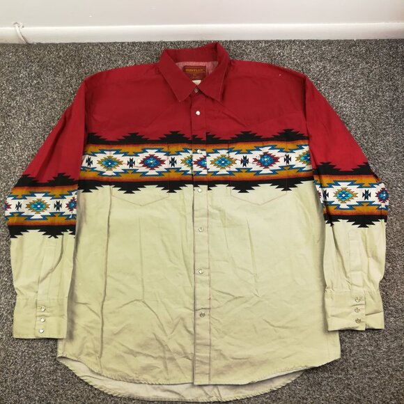VTG Wrangler Rustler Shirt Western Pearl Snap Aztec Brushpopper Colorblock Sz XL - Picture 1 of 11